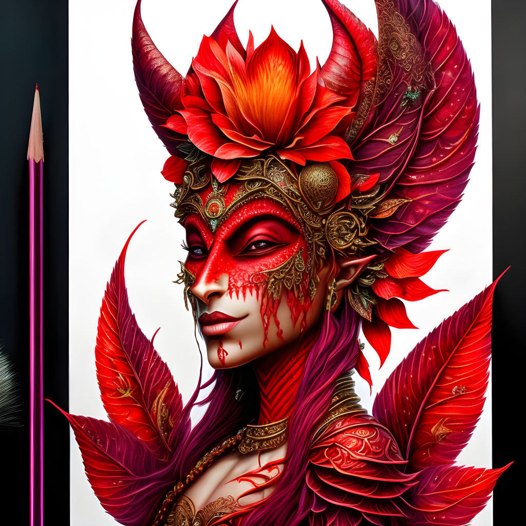 Digital portrait of a woman with red and gold feather headdress, face paint, and pencil.