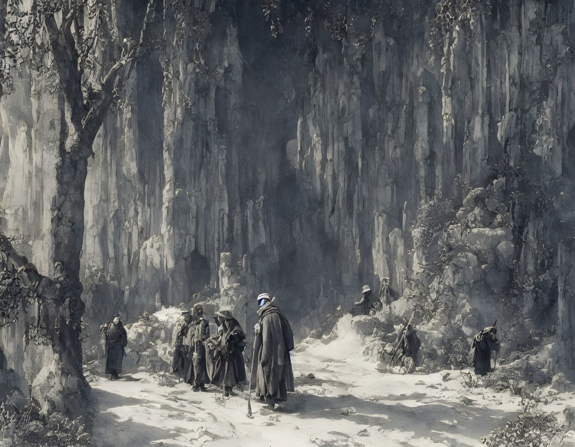 Monochrome artwork of robed figures in snow-covered forest