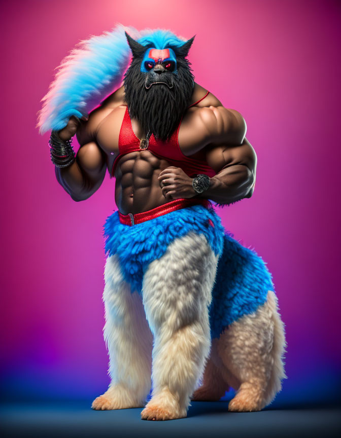 Muscular wolf-faced creature in red bikini top and blue loincloth with colorful tail on pink and