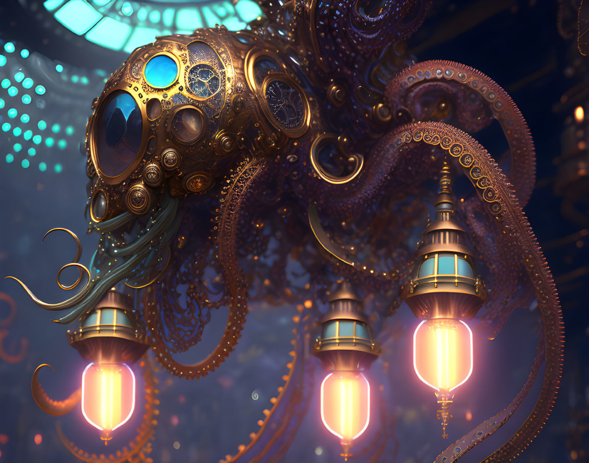 Intricate Steampunk Octopus with Glowing Lanterns in Industrial Setting