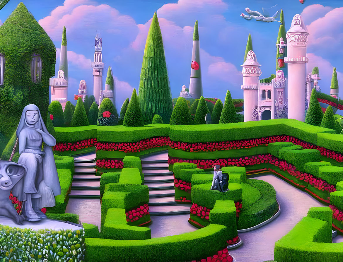 Sculpted hedges, statues, and castle towers in whimsical garden scene