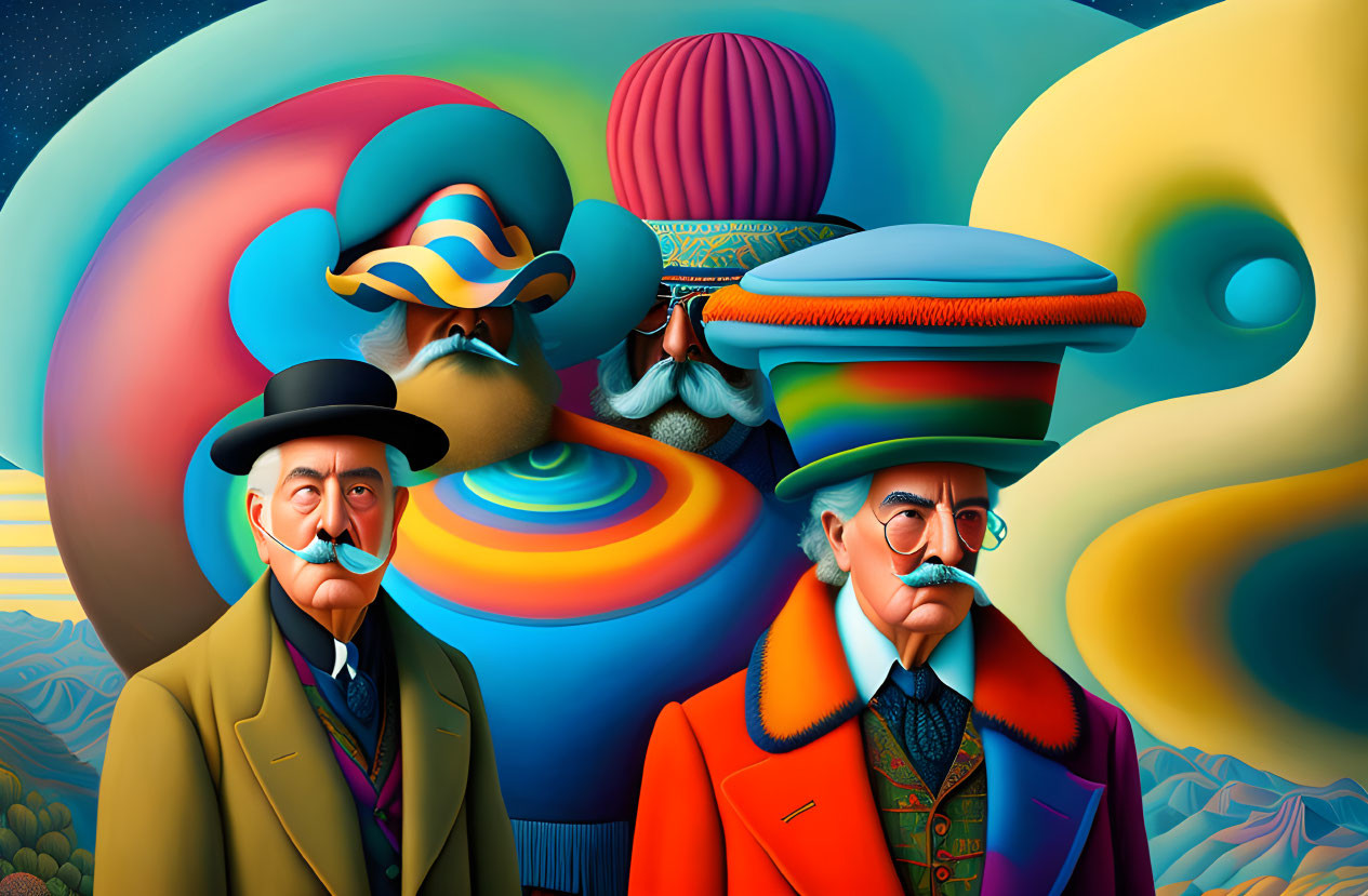 Colorful surreal painting: three men with exaggerated mustaches in whimsical landscape.