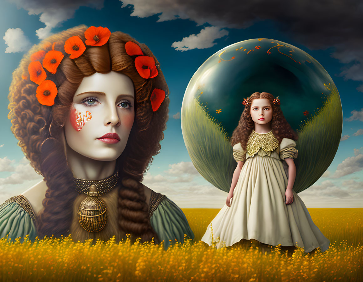 Surreal portrait of two females in Victorian attire with poppy flowers and a glossy sphere in a