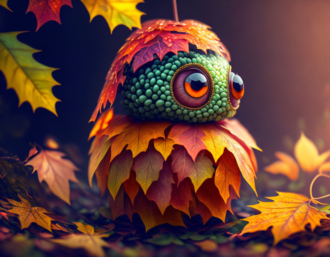 Whimsical creature peeking from autumn leaves in fantasy blend