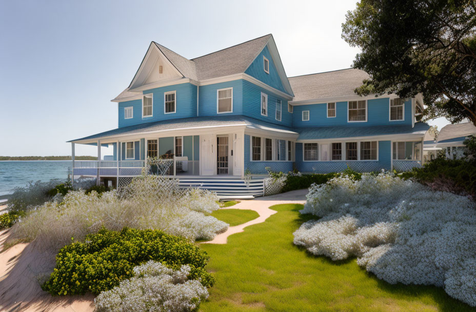 Spacious two-story blue house with wrap-around porch by the waterfront