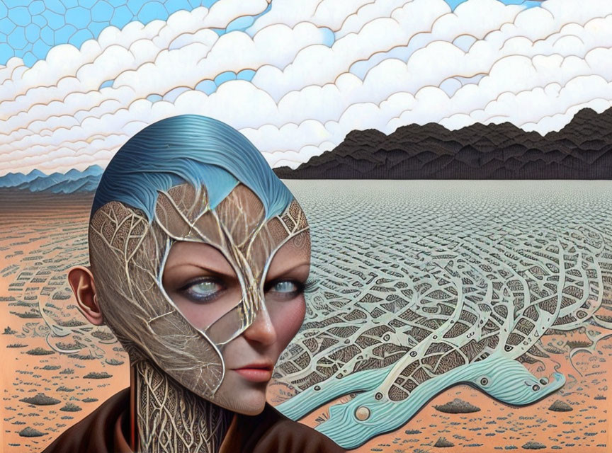 Surreal portrait of woman merging into desert landscape