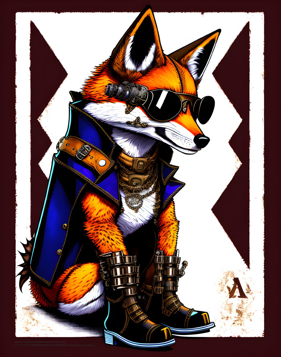 Steampunk-themed anthropomorphic fox character in attire against patterned backdrop