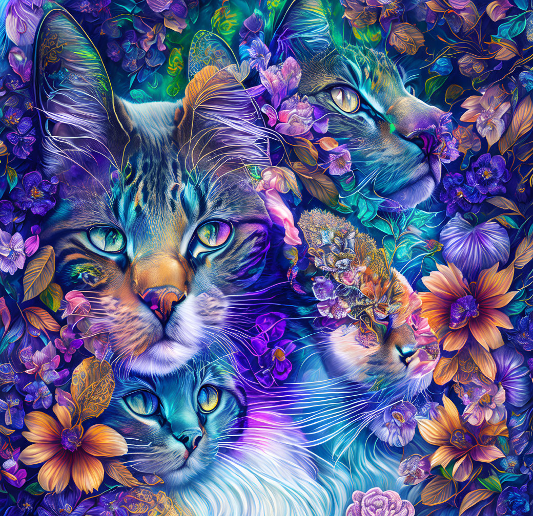 Colorful digital artwork: Three cats' faces among vibrant flowers