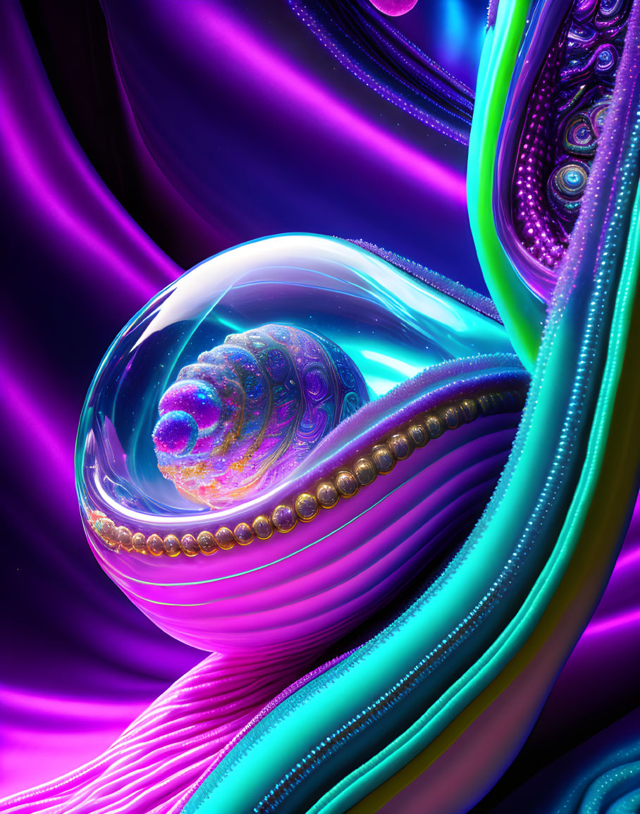 Vivid 3D rendering of glossy futuristic object in transparent bubble against iridescent backdrop