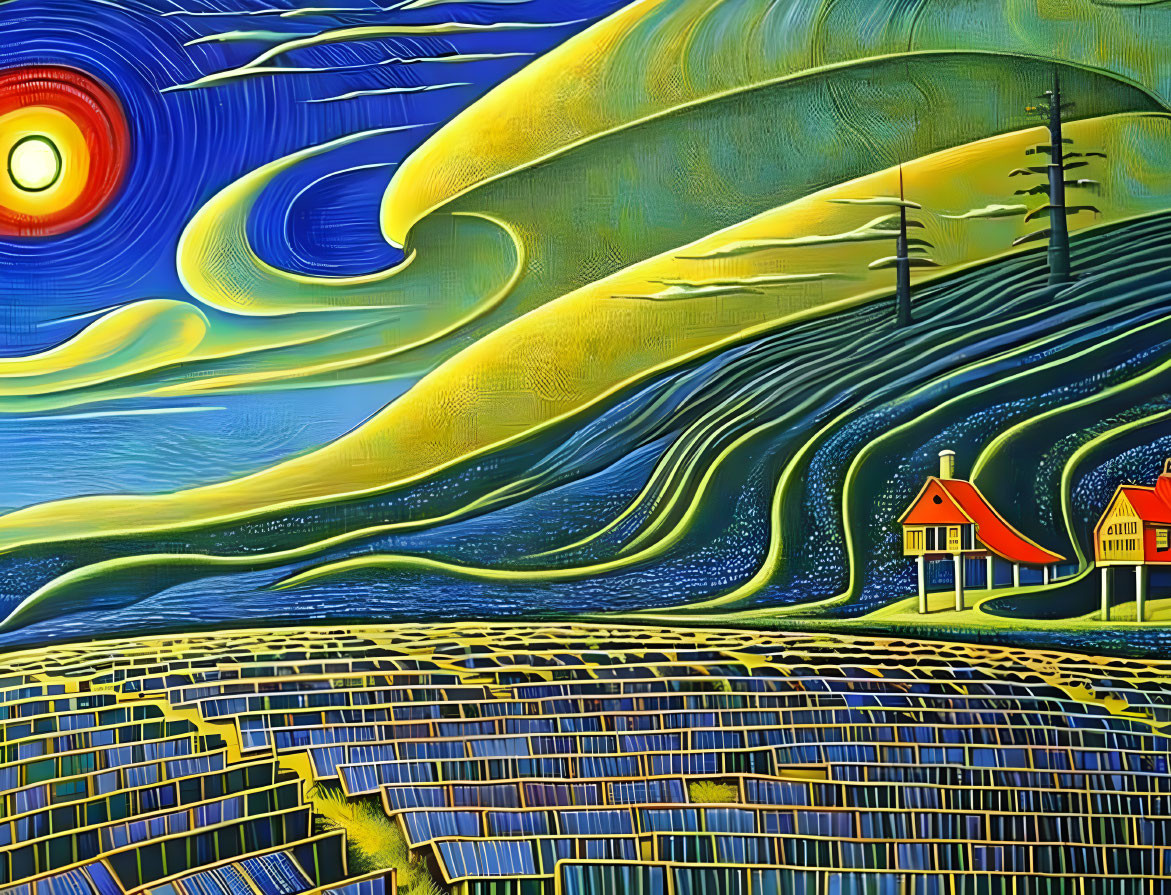 Stylized landscape with swirling sky, radiant sun, rolling hills, houses, and patterned fields