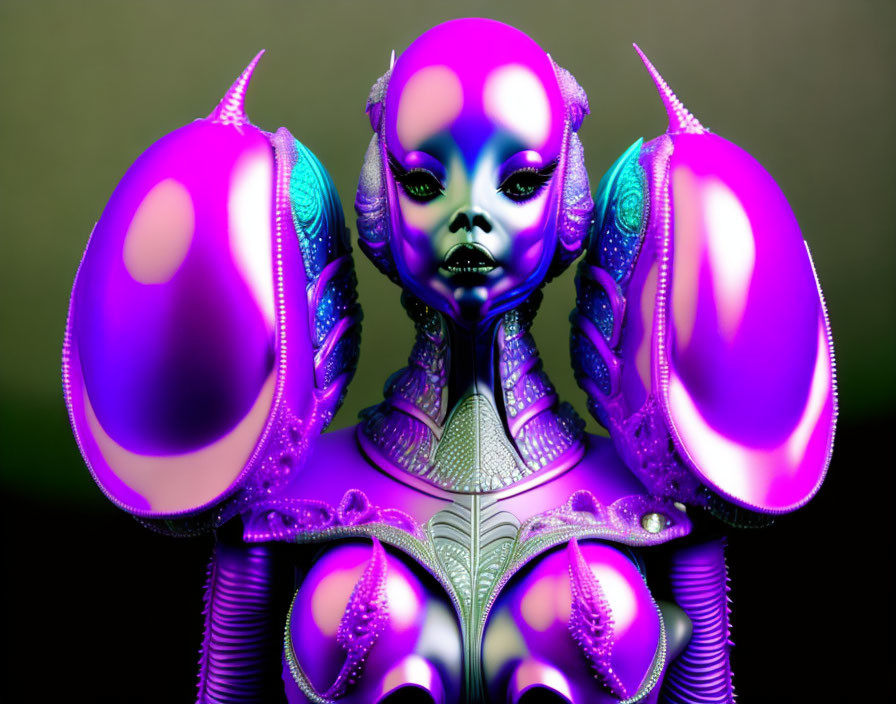 Shiny purple and blue futuristic alien figure with large oval head decorations