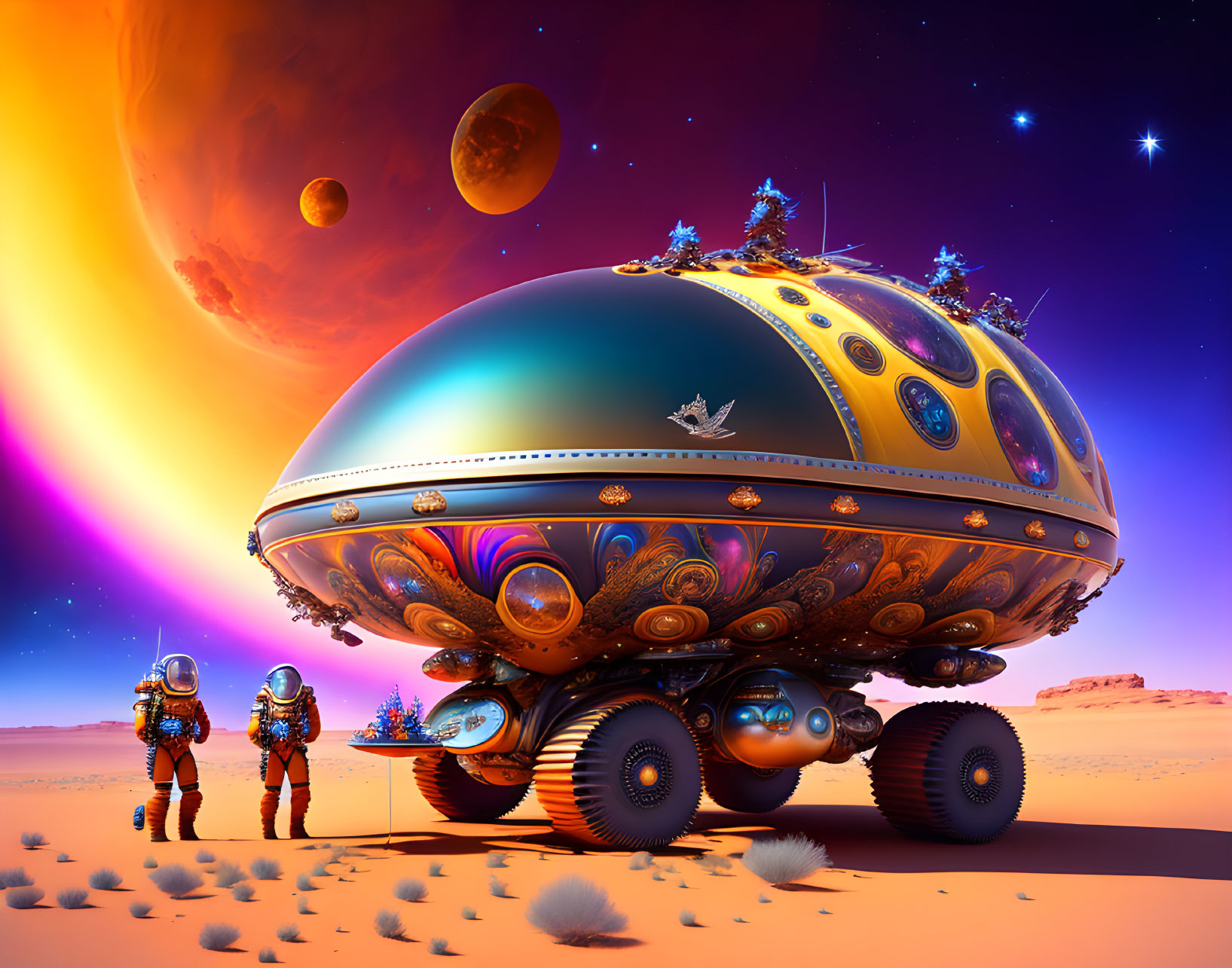 Astronauts on alien desert with futuristic vehicle and moons