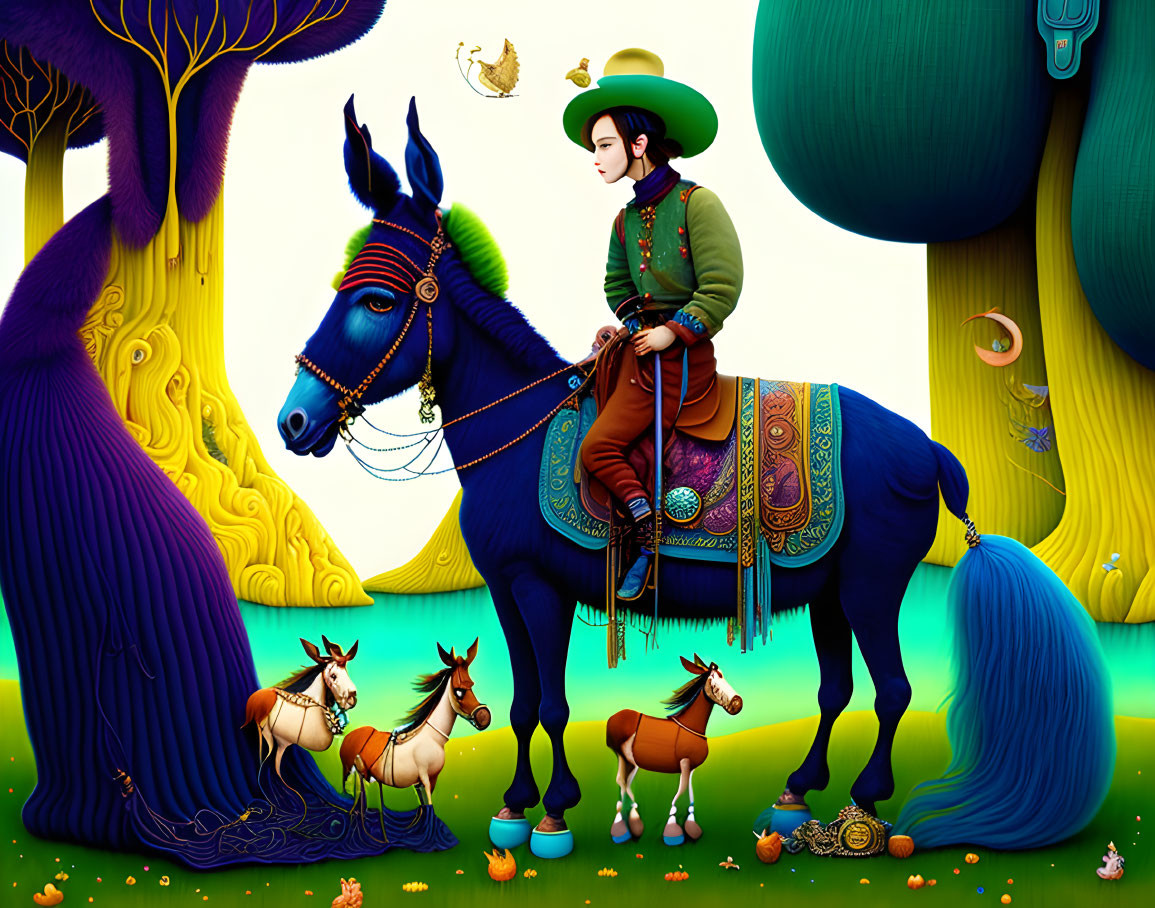 Person in traditional attire riding blue donkey in whimsical landscape surrounded by mini horses and donkeys