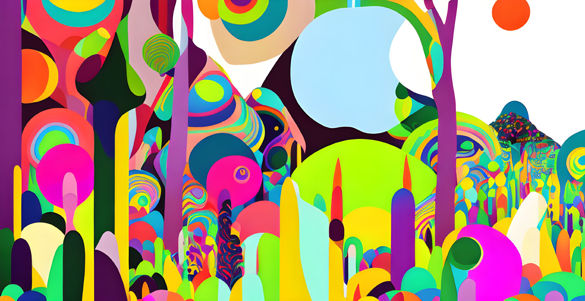 Vibrant abstract forest with colorful patterns and psychedelic shapes