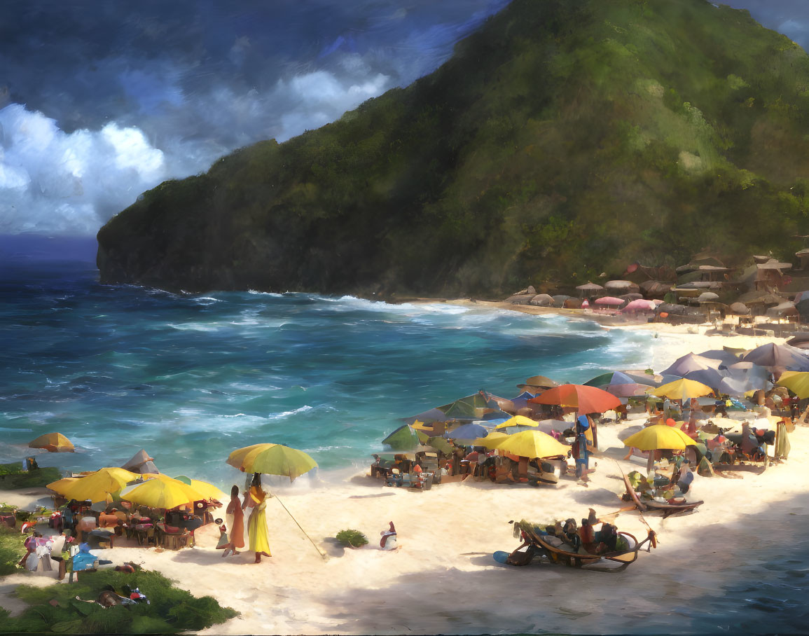 Colorful beach scene with umbrellas, people, boats, and green hill under cloudy sky