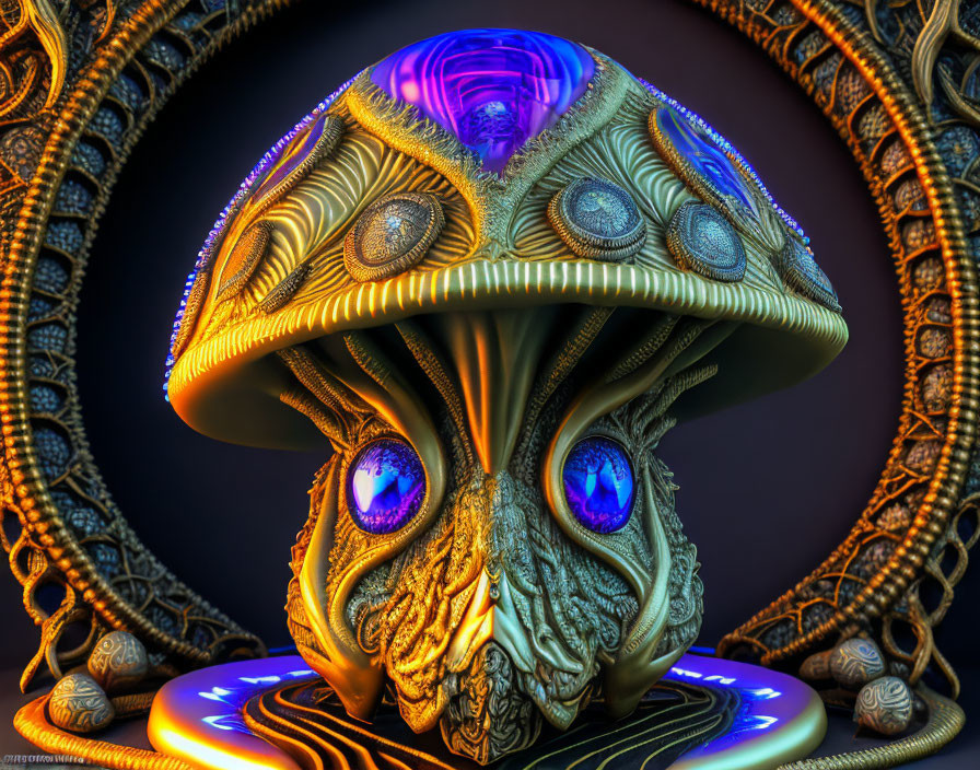 Colorful fractal art of mushroom figure with glowing eye-like structures