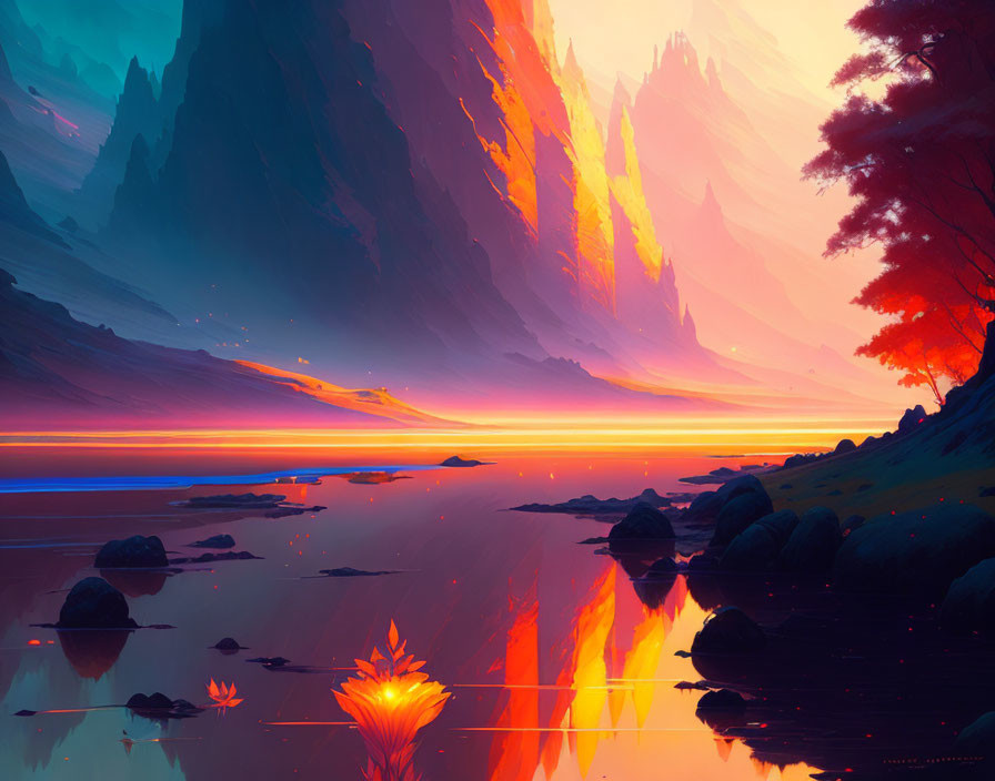 Surreal sunset digital artwork with pink and orange hues over water and mountains