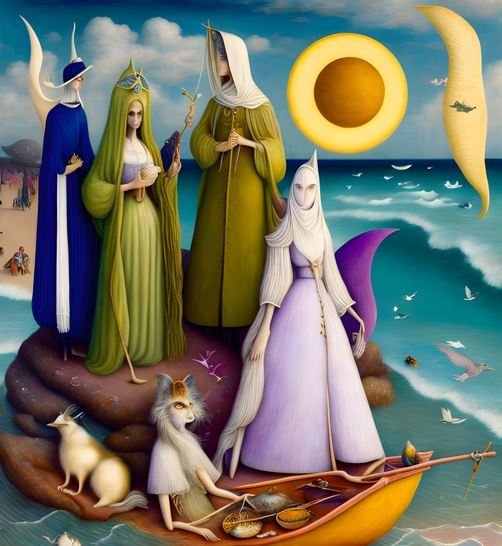 Surreal painting: robed figures on beach with eclipse, crescent moons, boat, fox