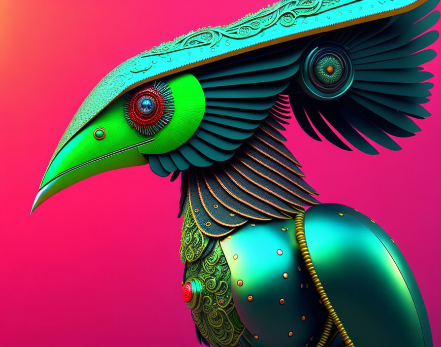 Detailed digital art of a mechanical bird with vibrant colors, intricate textures, and metallic surfaces on a pink