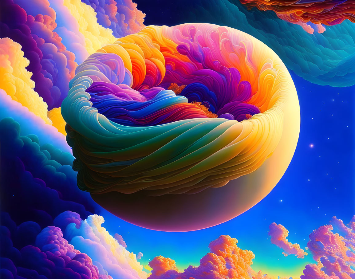 Colorful swirling sphere in surreal sky scene