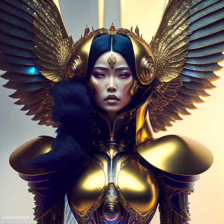 Golden armored female warrior with wings and elaborate headdress illustration.