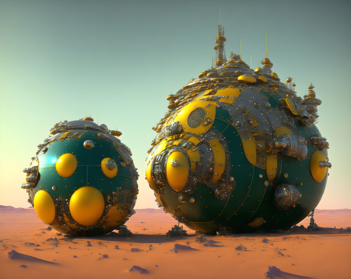 Futuristic golden-accented spheres in desert landscape