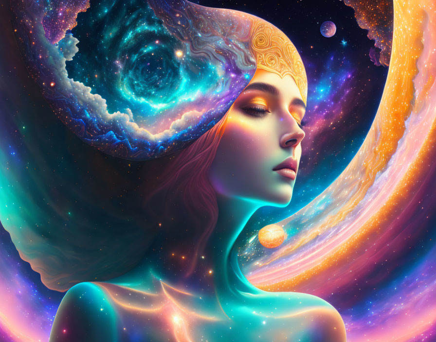 Surreal portrait blending woman with cosmic elements in vibrant colors