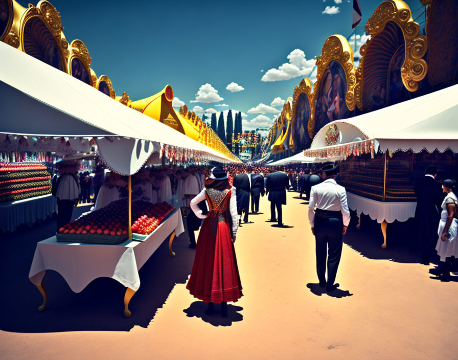 Formal outdoor event with attendees under white canopies and colorful decorations