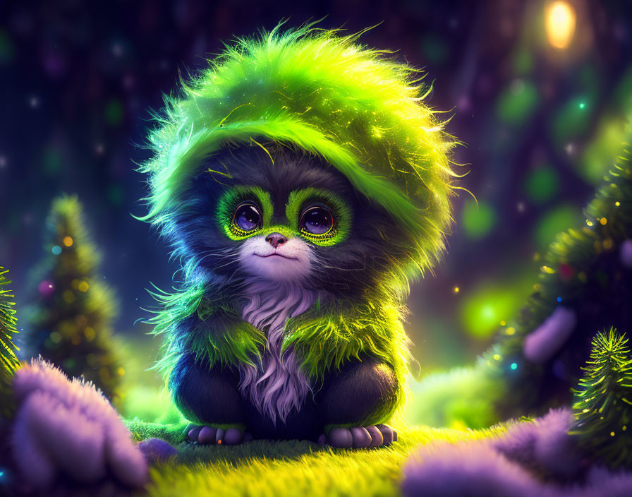 Fluffy green creature with expressive eyes in enchanted forest