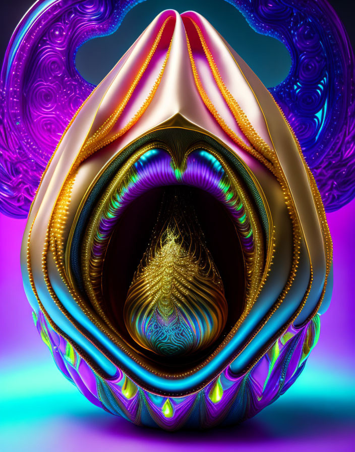 Colorful 3D abstract artwork: iridescent shell structure on purple background