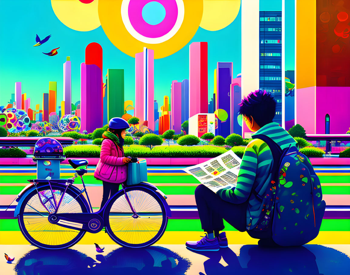 Vibrant urban park scene with person reading newspaper and cyclist