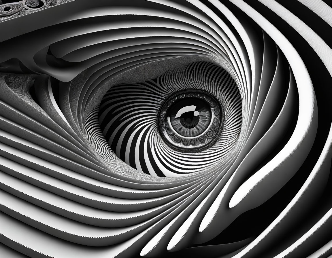 Monochrome spiraling optical illusion with central human eye.