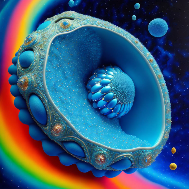 Detailed Blue Spiral Fractal on Rainbow Background