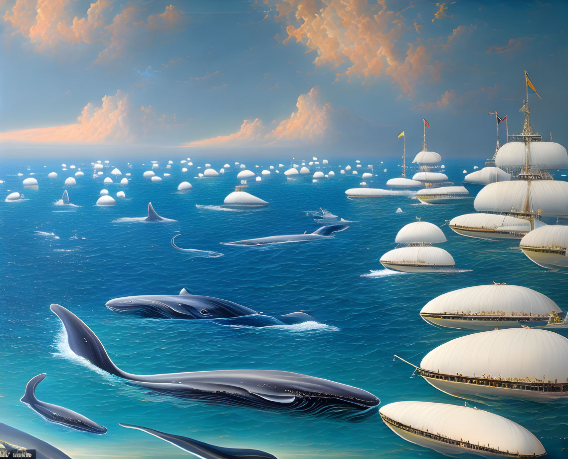 Ocean landscape with whales, dome structures, ships, and fluffy clouds.