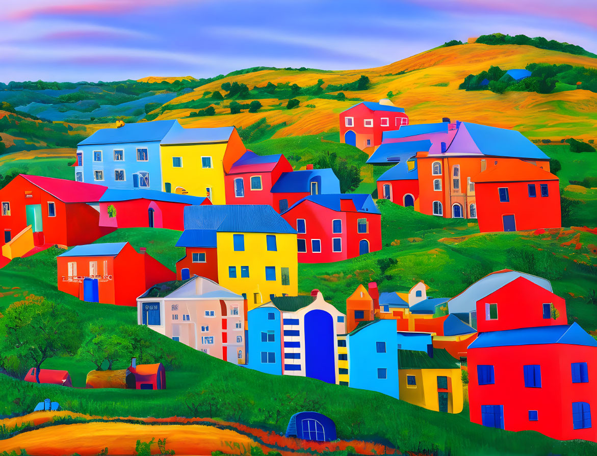 Vibrant landscape painting: Colorful houses on rolling hills under a stylized sky