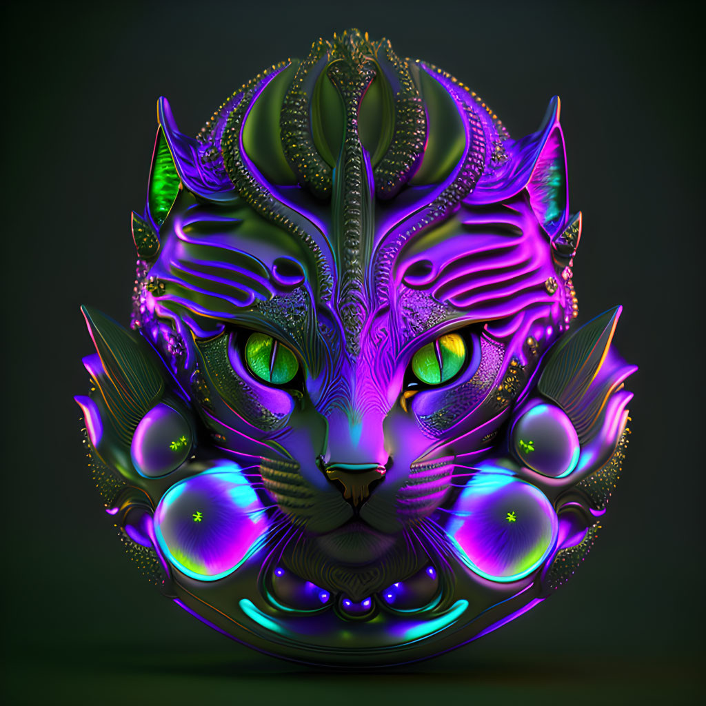 Colorful Stylized Cat Head Artwork with Neon Patterns & Green Eyes