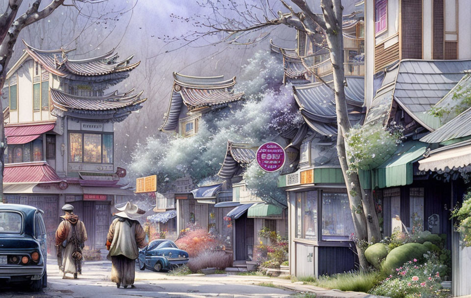 Tranquil East Asian street with modern and traditional elements