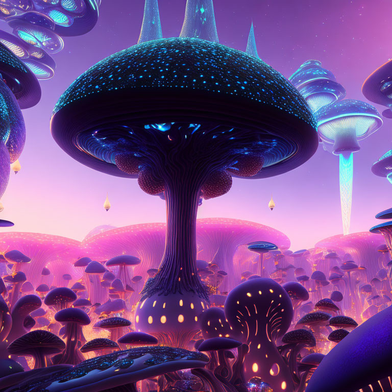 Bioluminescent mushroom landscape under twilight sky