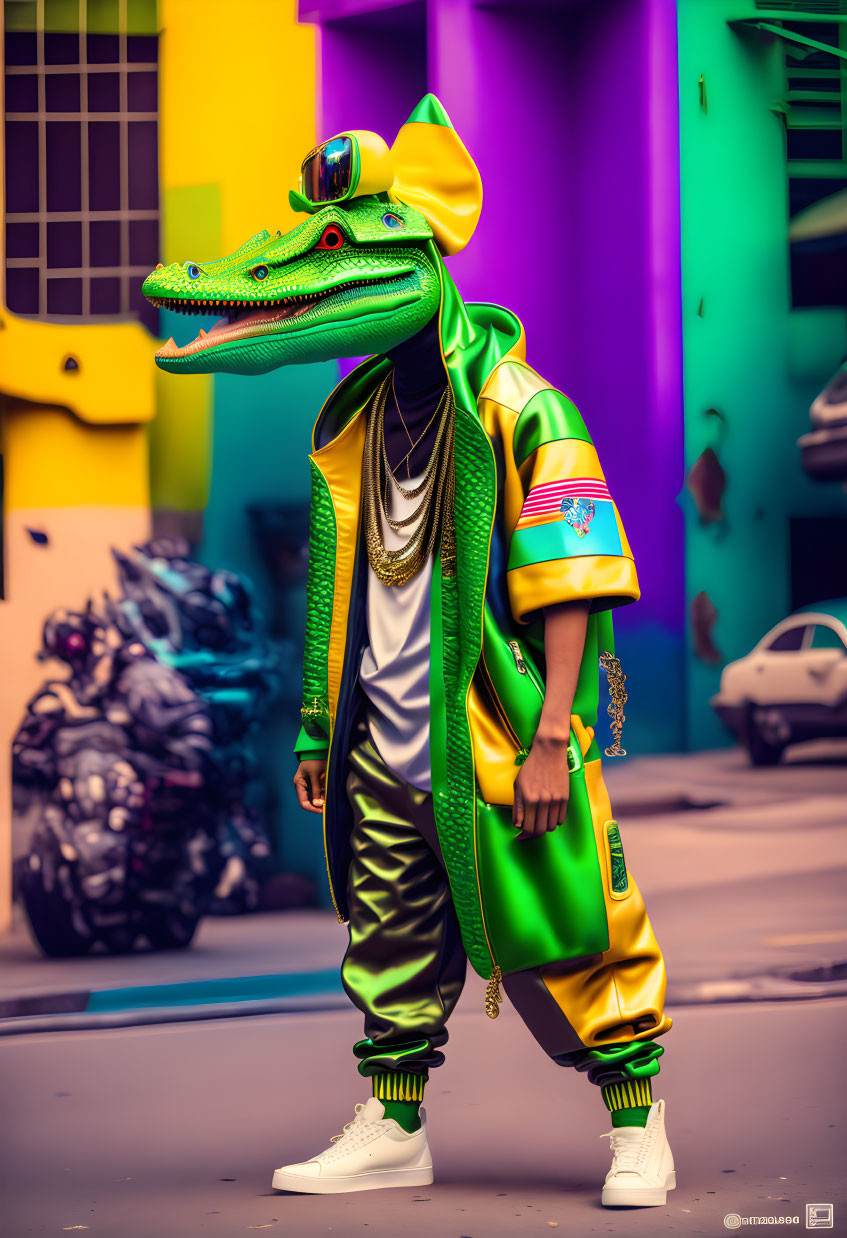 Anthropomorphic alligator in urban attire with yellow bow and sunglasses