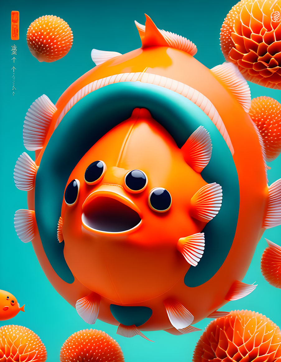 Colorful cartoonish orange fish surrounded by smaller fishes and spheres on teal background