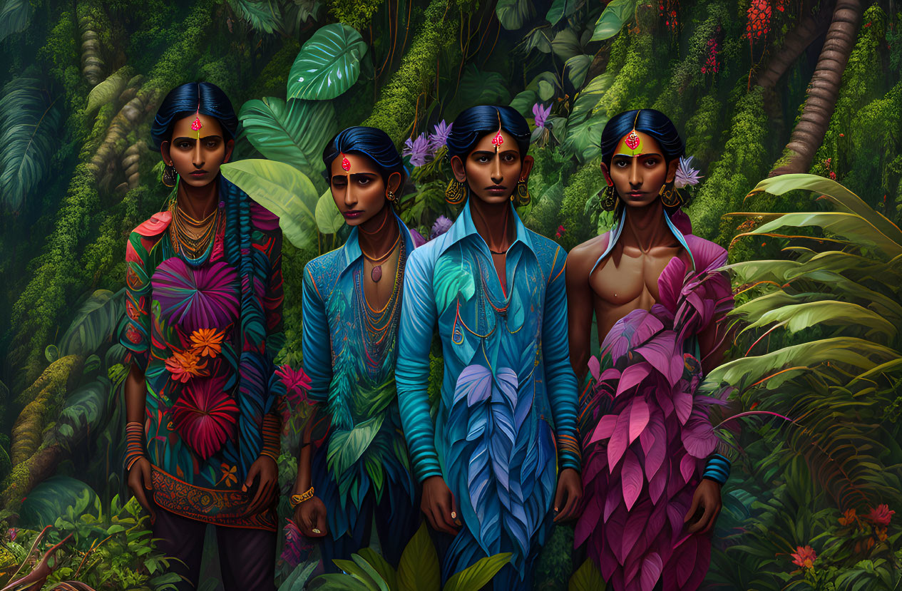 Four women in blue-tinted skin and traditional outfits in lush jungle setting