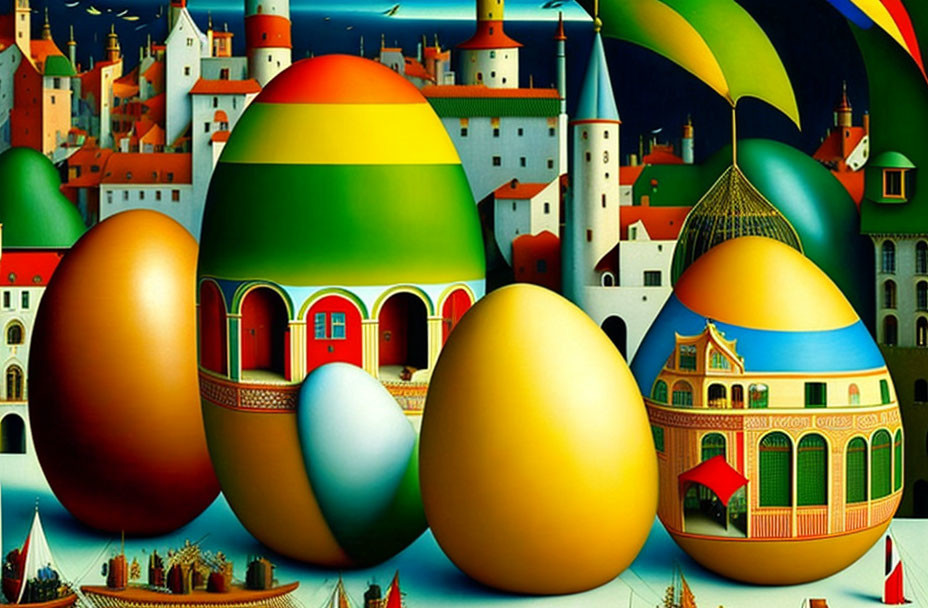 Vibrant painted eggs depict buildings and boats on sunny waterscape