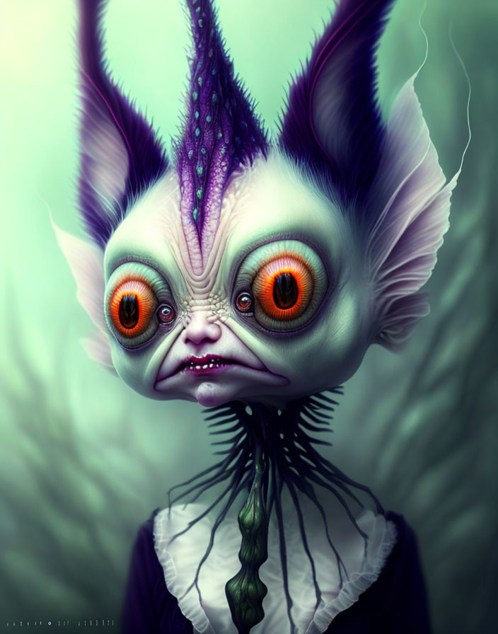 Surreal creature with large orange eyes and purple crest on green background