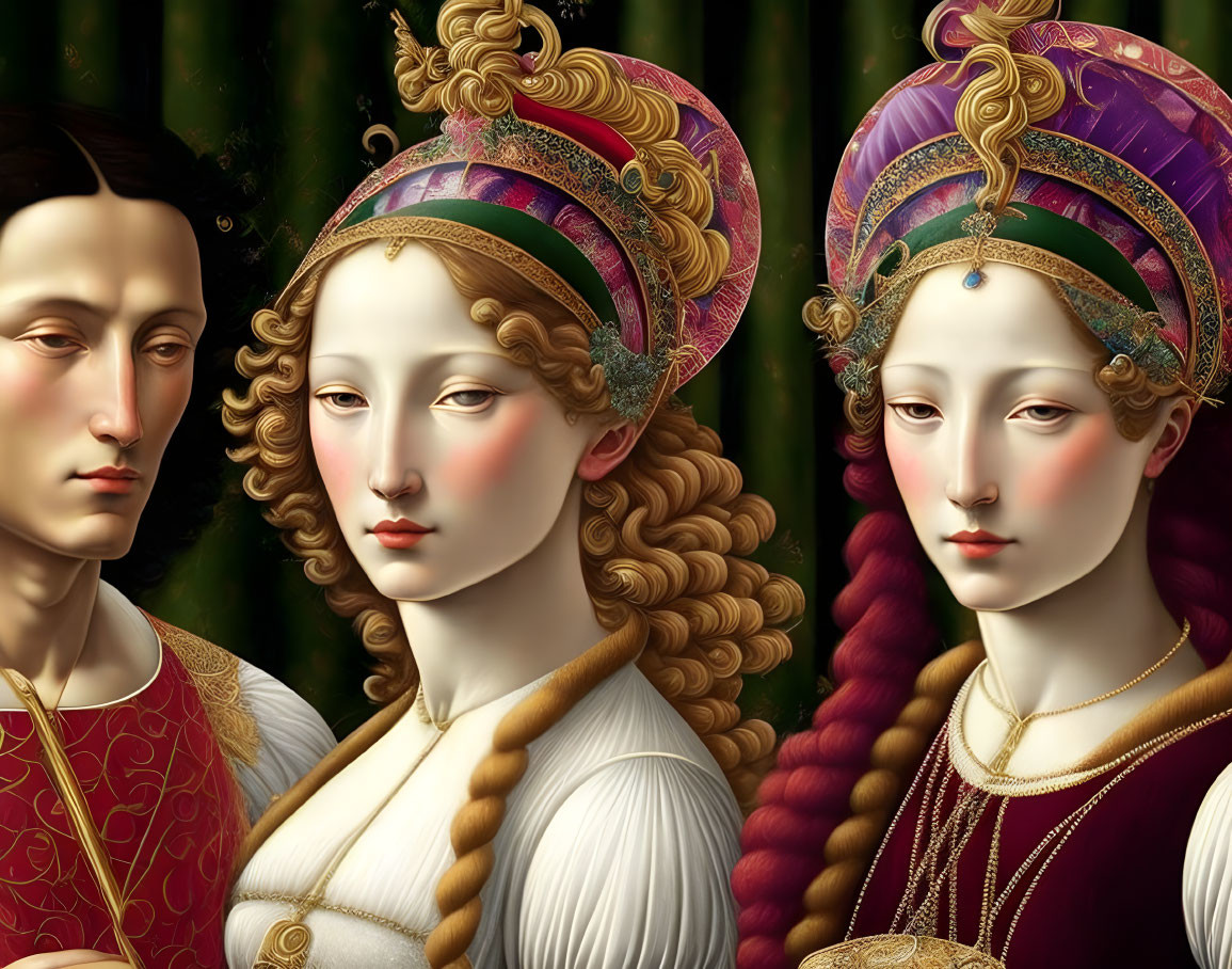 Renaissance-themed portrait with intricate headwear and elegant attire on two individuals