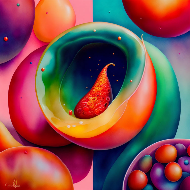 Vivid abstract painting with colorful spheres and central orb.