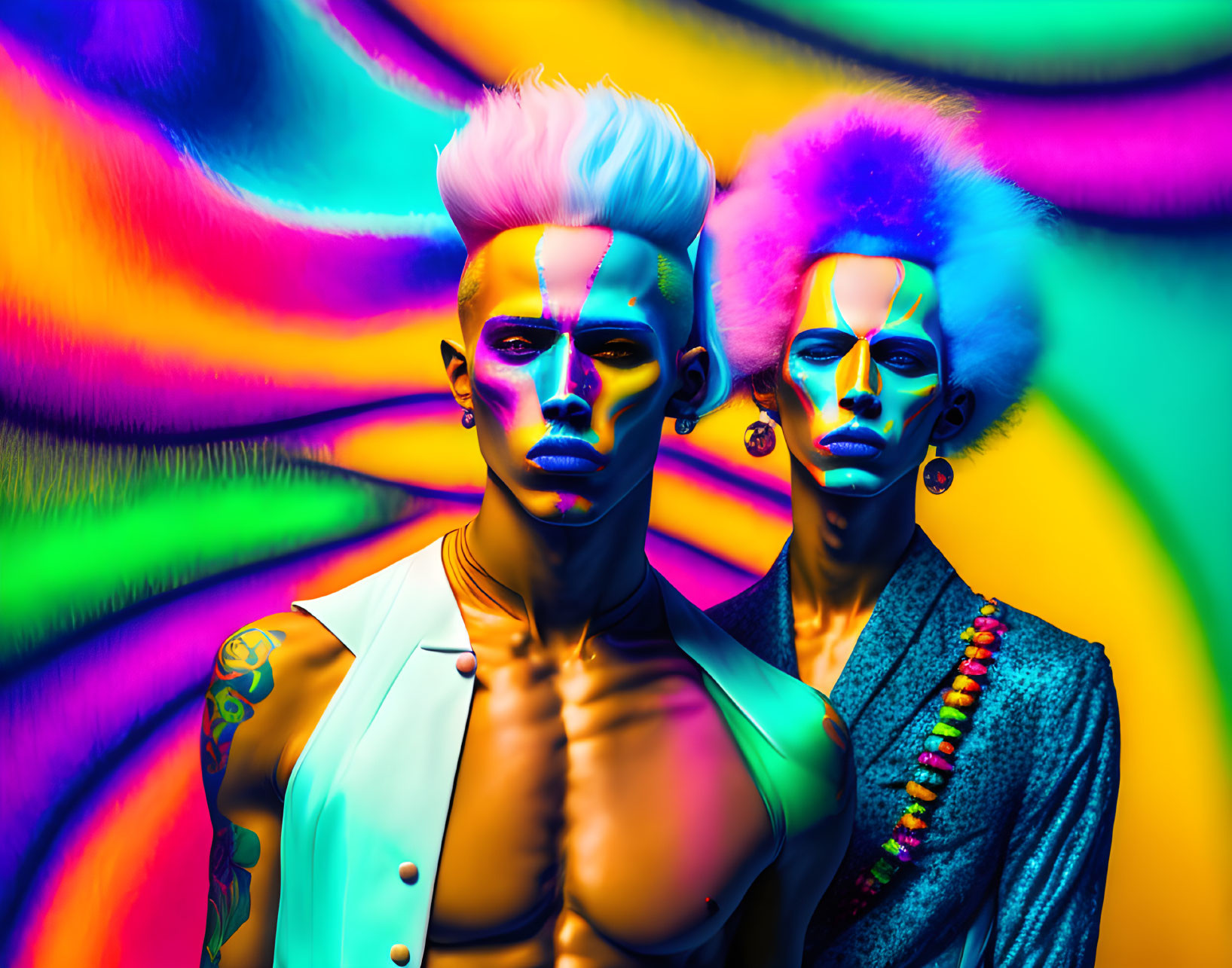 Stylized figures with punk hairstyles in vibrant body paint and edgy fashion