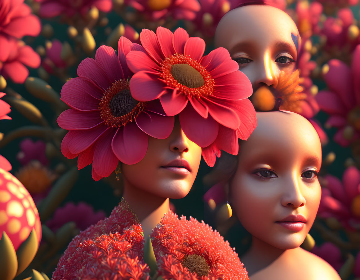 Abstract artwork featuring stylized faces and red flowers on vibrant background