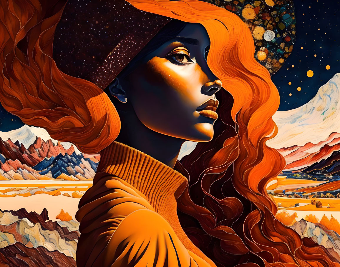 Stylized portrait of a woman with red hair and starry beret in surreal landscapes