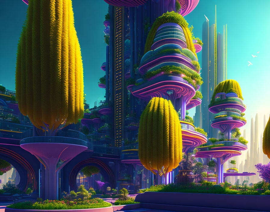 Futuristic cityscape with plant-covered skyscrapers under clear sky