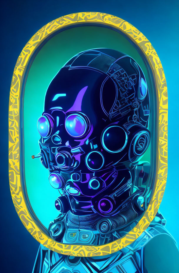 Futuristic robotic head with multiple optical lenses in cyan light, framed by ornate golden oval frame